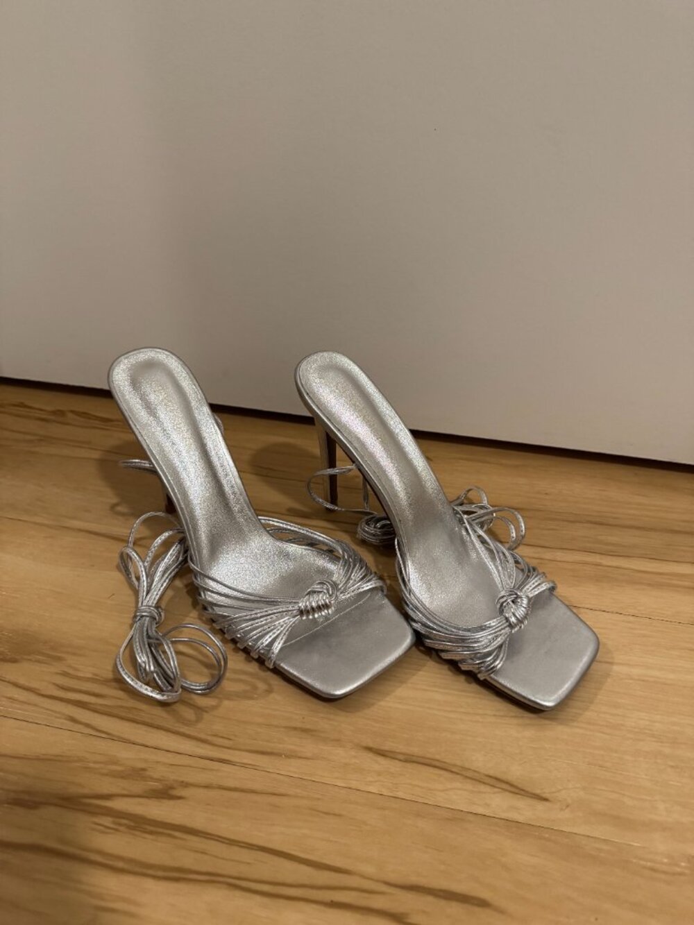 Silver Metallic Knot Strappy Lace Up Open Toe Heels